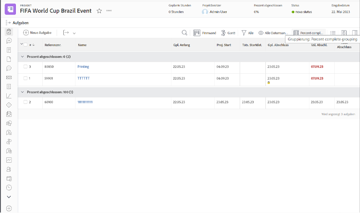 Ein Screenshot mit Projektaufgaben, die danach gruppiert sind, wie weit sie prozentual abgeschlossen sind