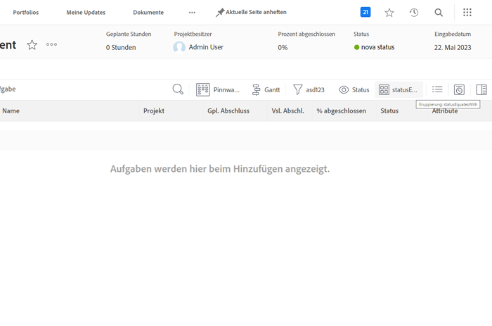 Ein Screenshot mit Projektaufgaben, die nach „statusEquatesWith“ gruppiert sind