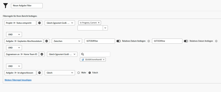 Ein Screenshot des Bildschirms zum Erstellen eines Aufgabenfilters mit einem benutzerbasierten Platzhalter