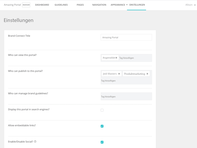 Ein Screenshot des Brand Connect-Einstellungsfensters