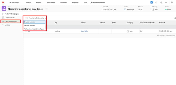 Screenshot mit Ergebnissen, Aktivitäten und Projekten sowie Fortschrittsanzeigen.