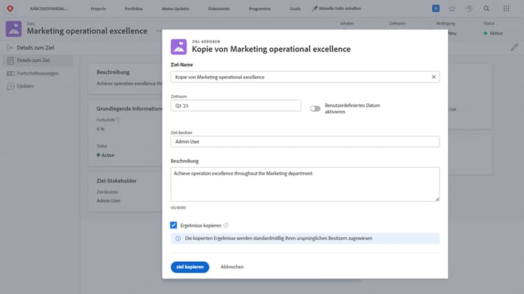 Ein Bild des Fensters Zieldetails in Workfront Goals mit der Option Kopieren