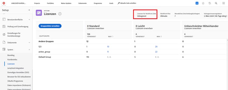 Ein Screenshot mit der Anzahl der Workfront Goals-Lizenzen im Bereich „Setup“ von Workfront