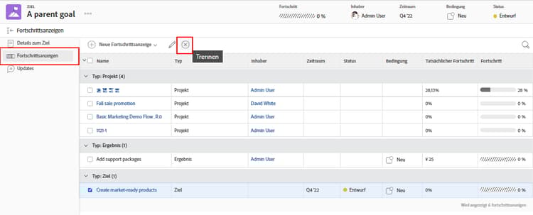 Ein Screenshot der Option Ausrichtung entfernen in Workfront Goals