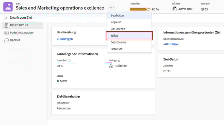 Screenshot zum Teilen eines Ziels