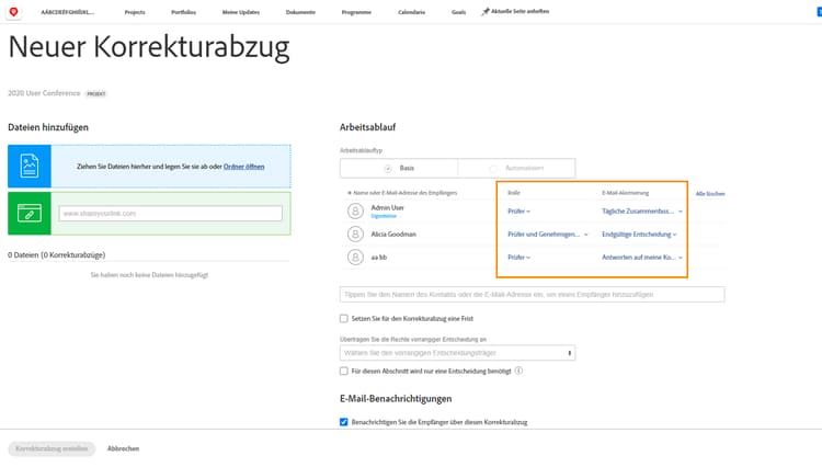 Ein Bild des Fensters Neuer Korrekturabzug mit Hervorhebung der Spalten Korrekturabzugsrolle und E-Mail-Warnhinweisen.