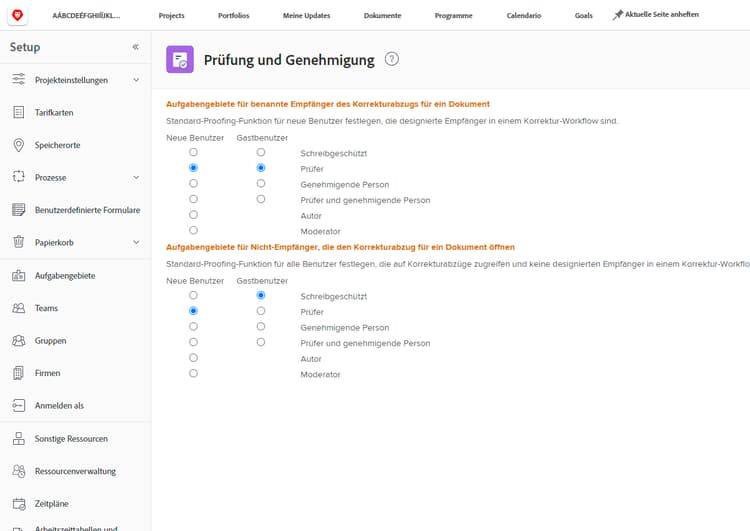 Überprüfungs- und Genehmigungseinstellungen in Workfront