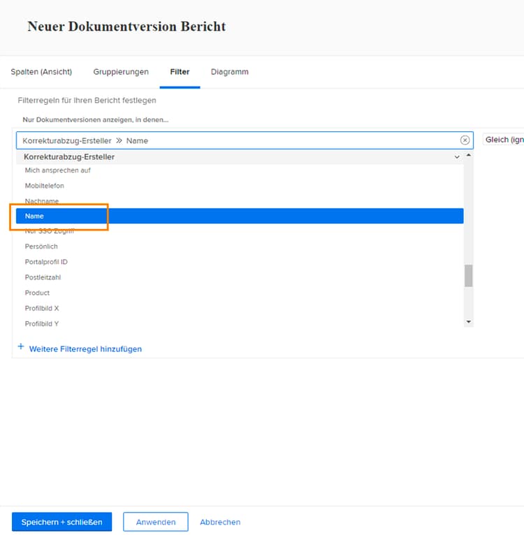Registerkarte „Filter“ im Report Builder