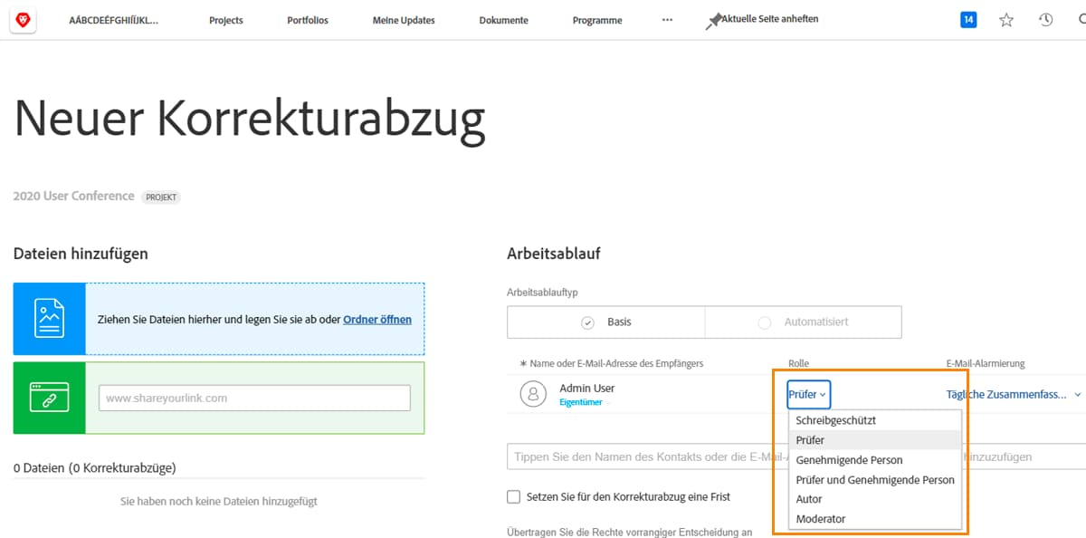 Festlegen von StandardKorrekturabzugsrollen Adobe Workfront