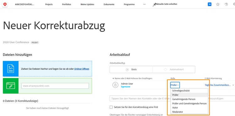 Beim Hochladen eines Korrekturabzugs können Korrekturabzugsrollen ausgewählt werden
