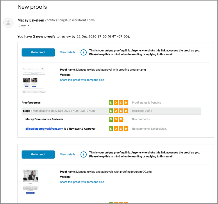 Ein Bild einer neuen Korrektur-E-Mail, in der um die Überprüfung und Genehmigung von zwei Korrekturabzügen in Workfront gebeten wird.