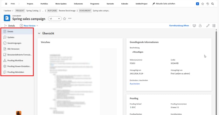 Ein Bild der Seite des Korrekturabzugs in Workfront.