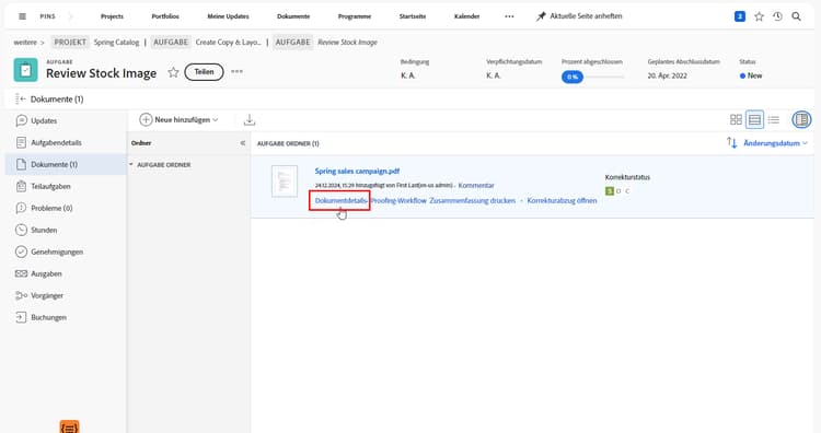 Ein Bild des Abschnitts Dokumente eines Projekts mit ausgewähltem Korrekturabzug und hervorgehobener Option Dokumentdetails.