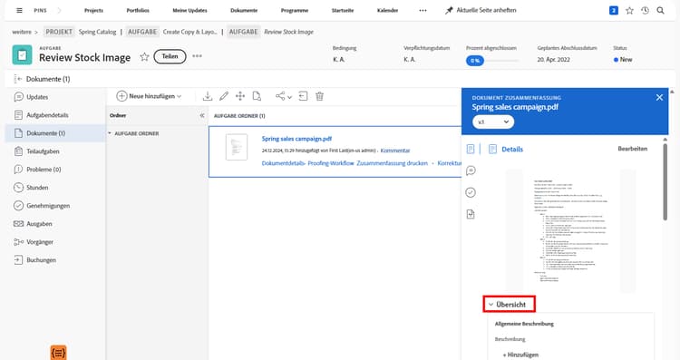 Ein Bild des Abschnitts Dokumente eines Projekts mit ausgewähltem Korrekturabzug und erweitertem Bedienfeld „Zusammenfassung“. Sowohl das Bedienfeld „Zusammenfassung“ als auch das Symbol für das Bedienfeld sind hervorgehoben.