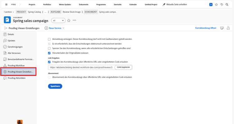 Ein Bild der Proofing-Viewer-Einstellungen auf der Seite des Korrekturabzugs, mit Hervorhebung der Option Proofing-Viewer-Einstellungen im Menü des linken Bedienfelds.