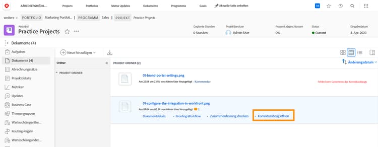 Ein Bild des Abschnitts Dokumente in einer Workfront-Aufgabe mit dem hervorgehobenen Link Korrekturvorlage öffnen.