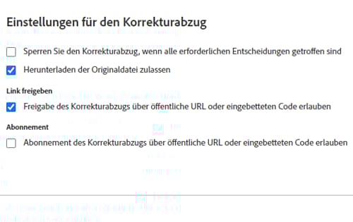 Ein Bild des Abschnitts Korrekturabzugseinstellungen im Fenster zum Hochladen von Korrekturabzügen.