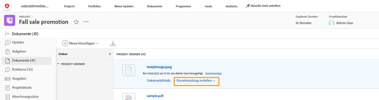 Ein Bild des Bereichs Dokumente in einem Workfront-Projekt mit hervorgehobener Option Korrekturabzug generieren.