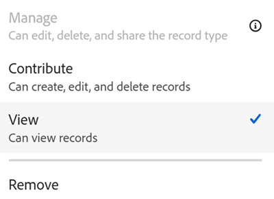 Entfernen Sie die Option aus der Dropdown-Liste für die Freigabe des Datensatztyps