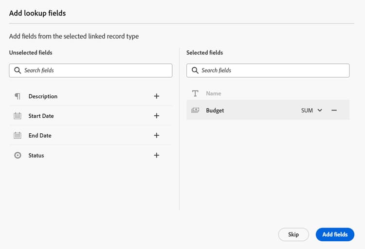 Felder für das Budgetfeld für die Verbindung mit dem Datensatztyp hinzufügen