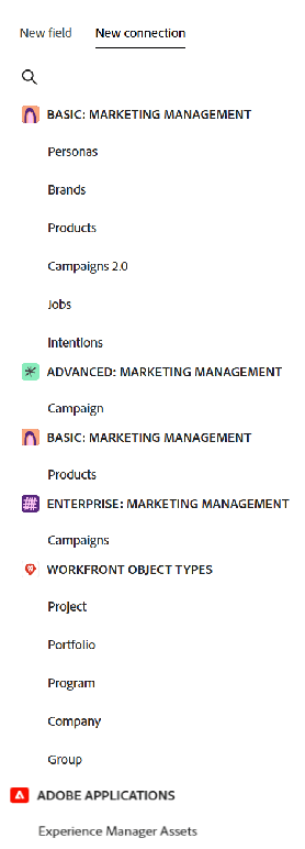 Neue Registerkarte „Verbindung“ mit Workfront AEM-Optionen