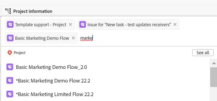 Kleineres Feld „Projekte verbinden“ in der Tabelle
