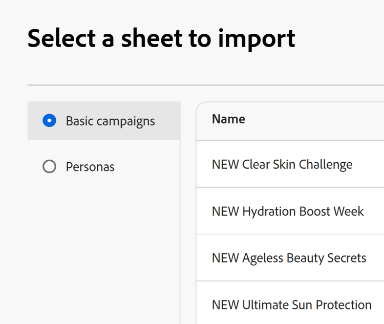 Tabelle zum Importieren von Datensätzen auswählen
