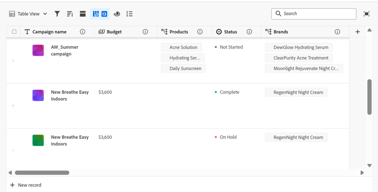 Beispiel für eine Tabellenansicht
