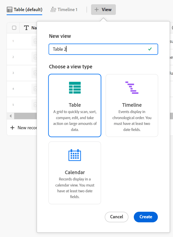 Anzeigen der Dropdown-Liste „Typen“ des Datensatztyps