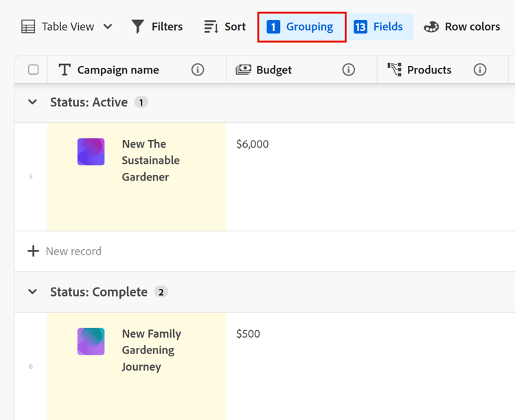 Gruppierung in Tabellenansicht angewendet