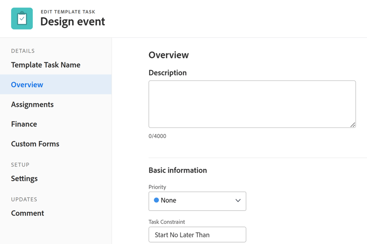 Abschnitt zum Bearbeiten der Vorlagenaufgabe - Übersicht