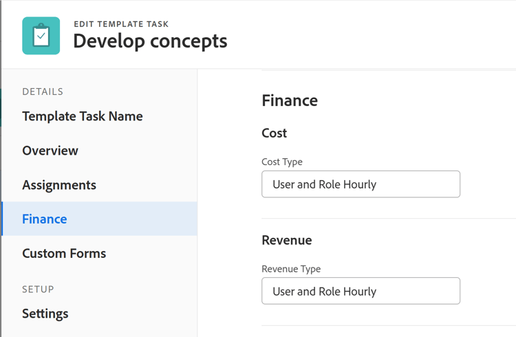Abschnitt „Vorlagenaufgabe bearbeiten - Finanzen“