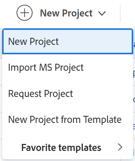 Dropdown-Liste „Neues Projekt“