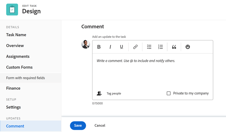 Kommentarabschnitt zum Feld „Aufgabe bearbeiten“