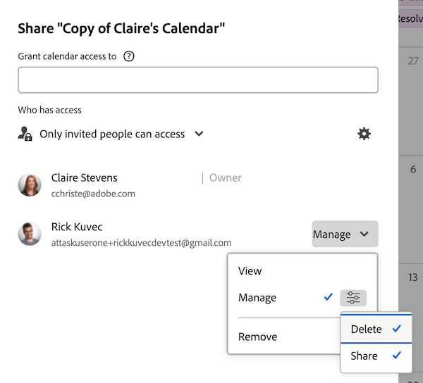 Kalender mit „Zugriff verwalten“ freigeben
