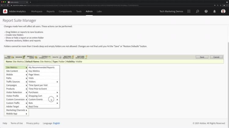 Anpassen der Menüs in Reports & Analytics