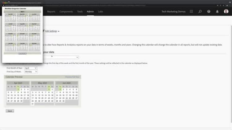 Anpassen der Kalendereinstellungen in Adobe Analytics
