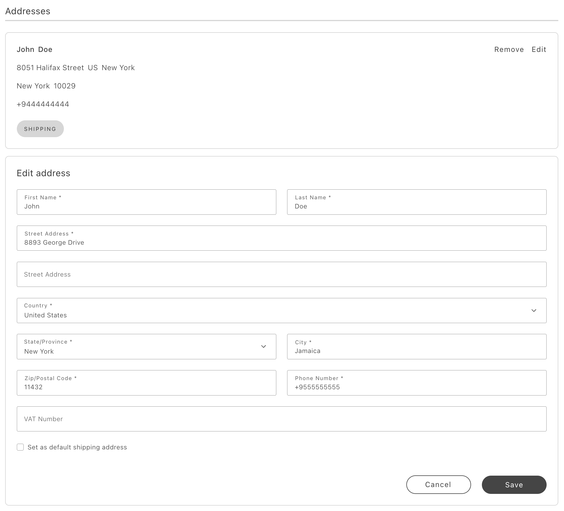 Full size implementation of the Addresses container being edited