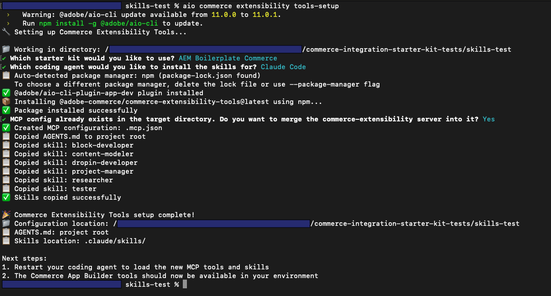 CLI output after a successful skills install: setup complete, skills copied, and next steps