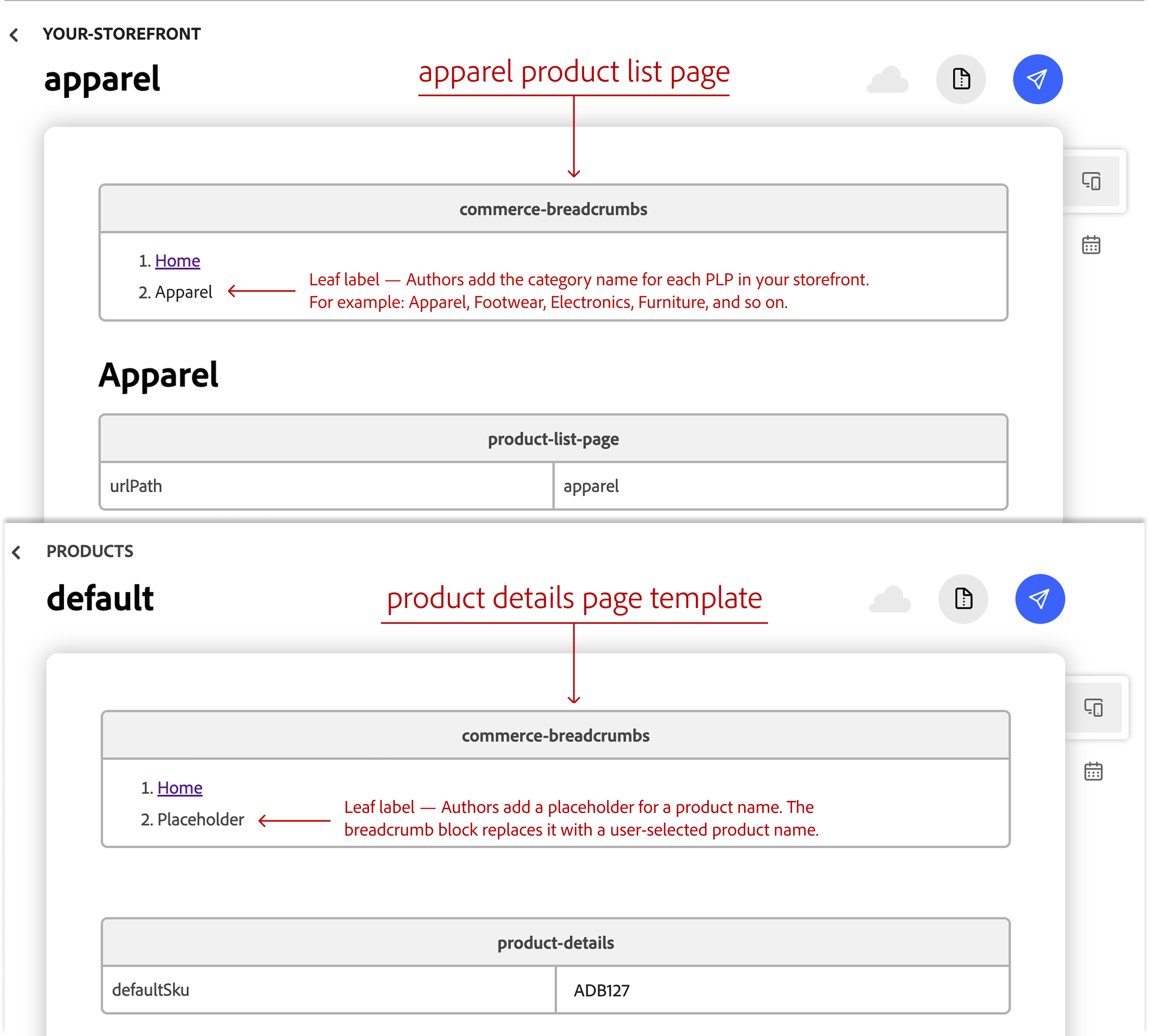The commerce-breadcrumbs table placed above the product-list-page table on the apparel PLP, and above the product-details table on the products/default PDP template, in DA.live documents