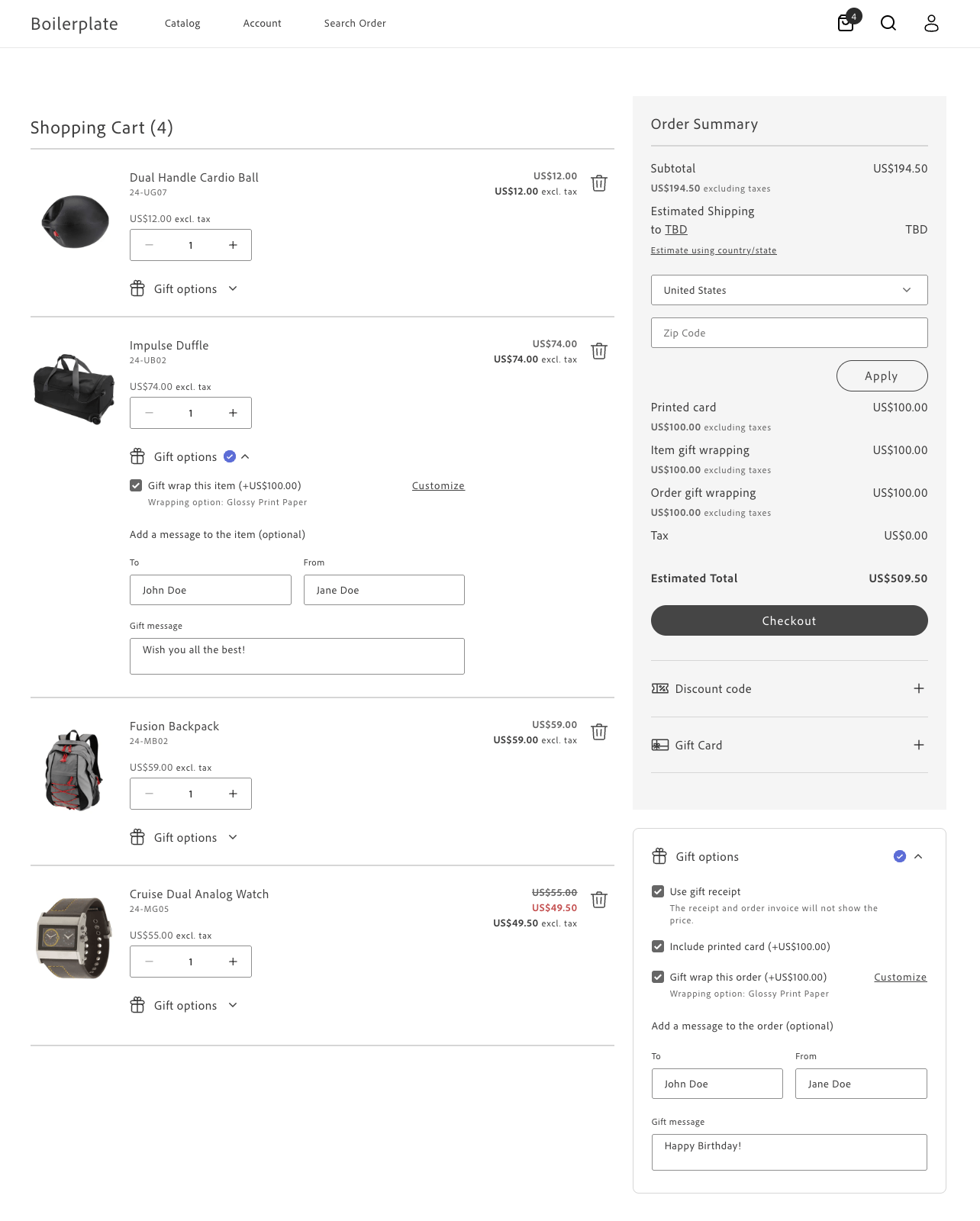 GiftOptions container with options that have been set