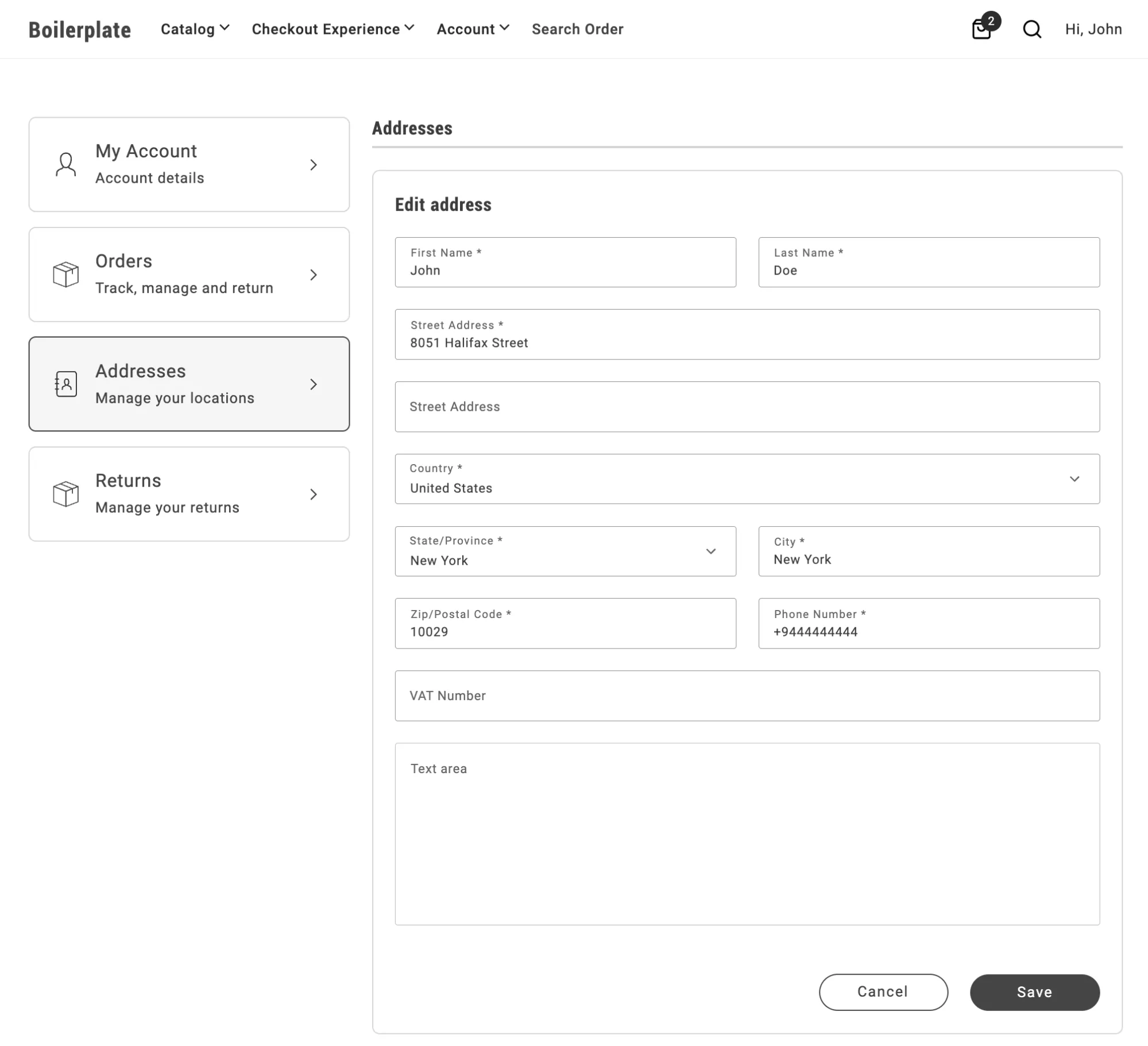 Default layout of the AddressForm container