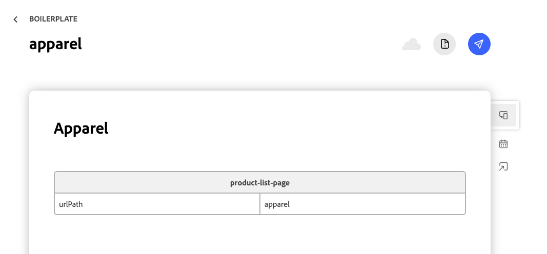 The product-list-page block in a Document Authoring document, with a urlPath row set to apparel