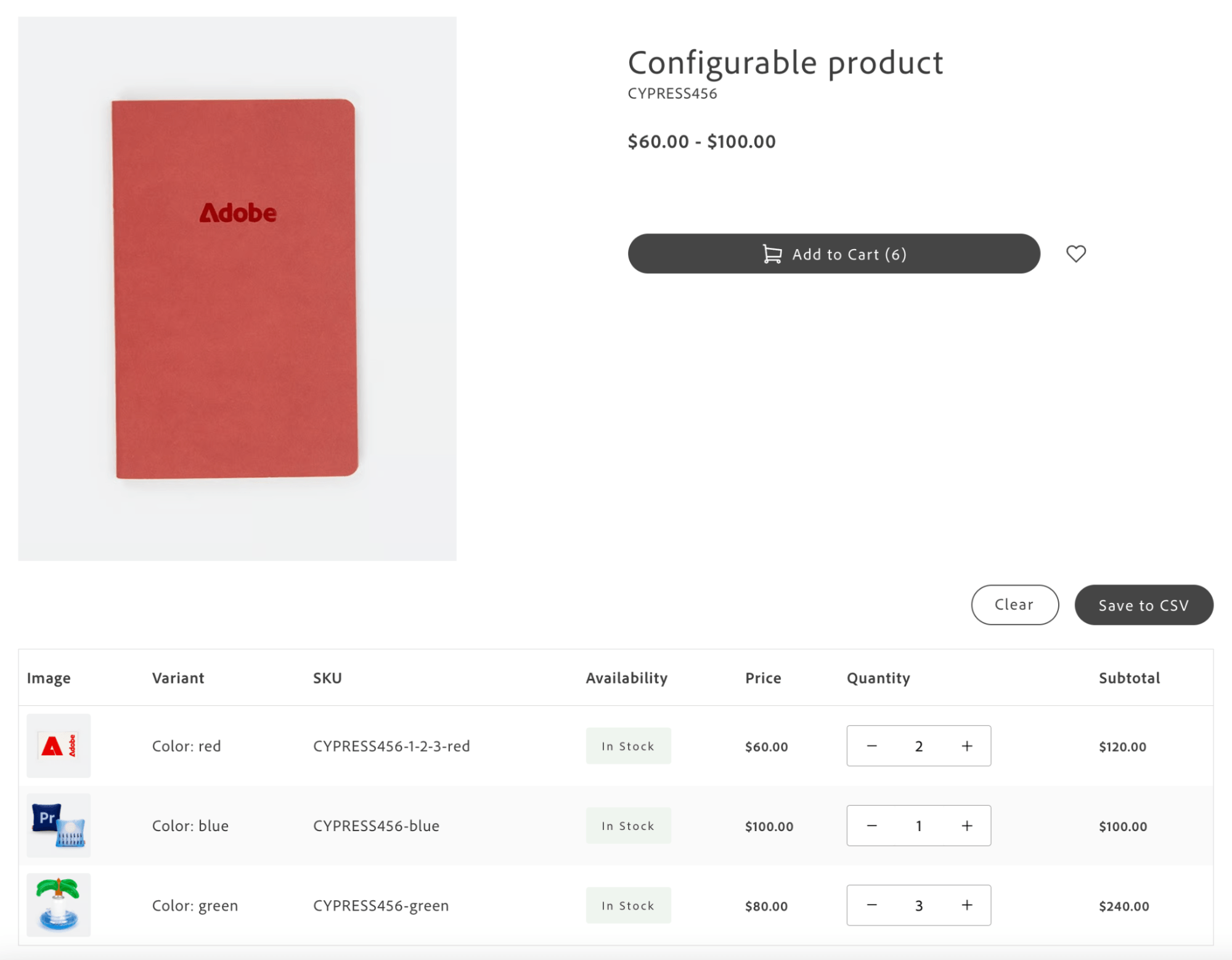 QuickOrderVariantsGrid container showing variant grid with image, SKU, availability, price, quantity, and subtotal columns