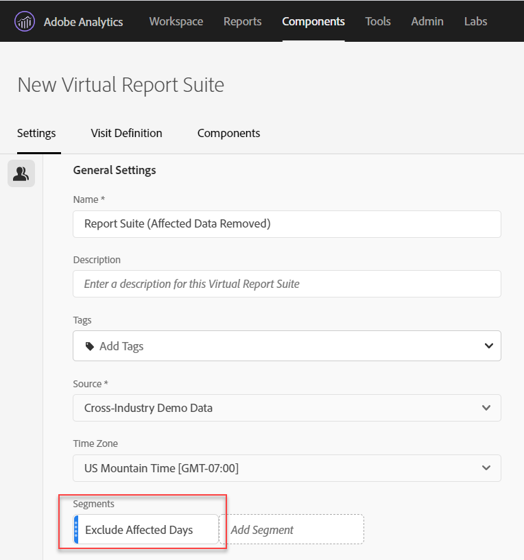 Segment appliqué à une suite de rapports virtuelle