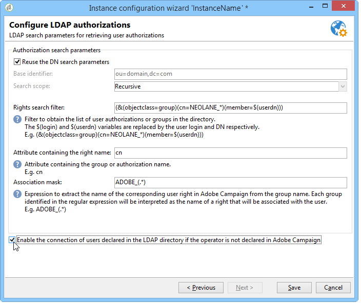 Ldap を介した接続 Adobe Campaign