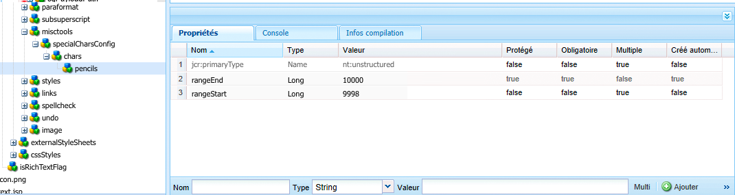 Définition dans CRXDE d’une série de caractères pour qu’elle soit disponible dans l’éditeur de texte enrichi