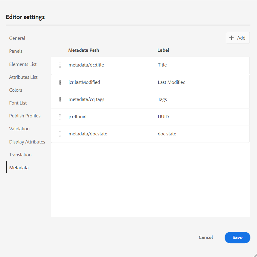 ficha de metadatos en la configuración del editor