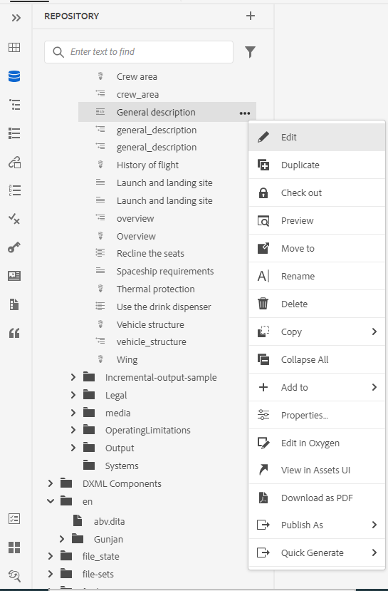 options menu of a file in the repository view