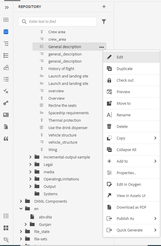 menu de opções de um arquivo na exibição repositório